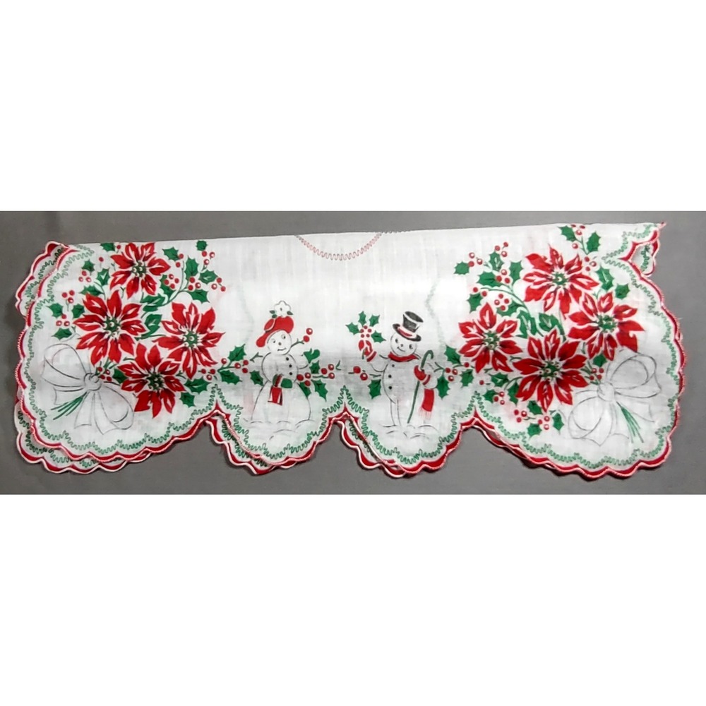 Vtg Printed 1950s Christmas Hanky 13.75 x 13.75 Snowman/woman Poinsettia Hankie - Picture 3 of 5